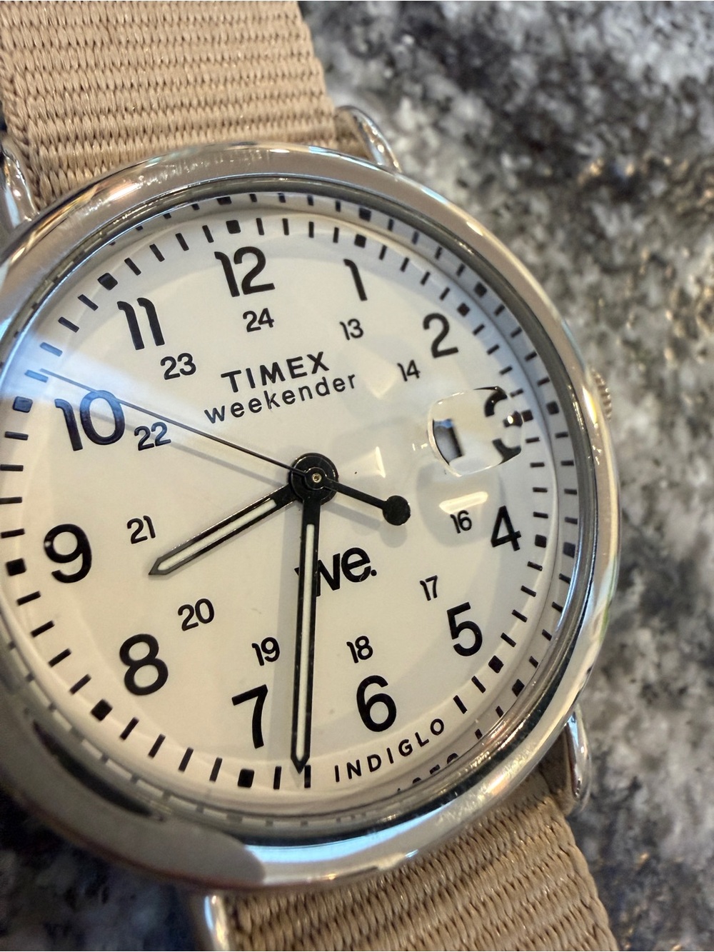Timex Weekender Silver Case with White Dial and Beige Strap